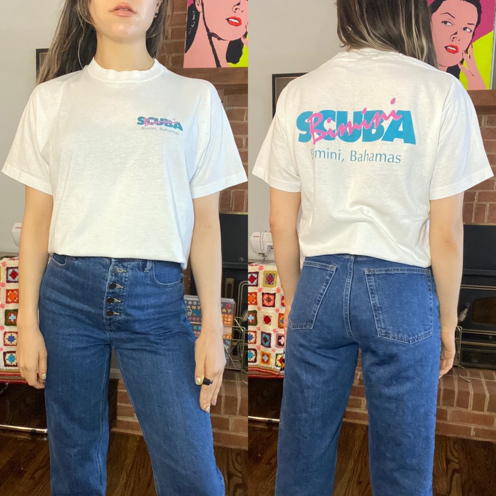 Vintage 90s Single Stitch Scuba Bimini Bahamas Emblem Tee Teal Retro Div…